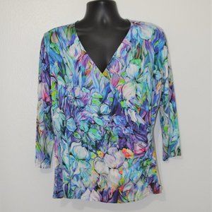 Peck & Peck Faux Wrap Deep V-Neck Watercolor Print Top